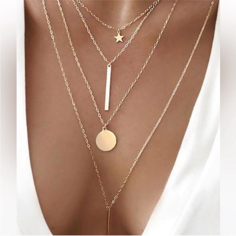 18K Gold Dipped Layered Necklace Star, Bars & Circle Boho Statement Necklace
